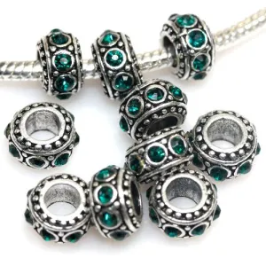 Five (5) May Birthstone  Emerald Dark Green Charms Spacer Beads For Snake Chain Charm Bracelet