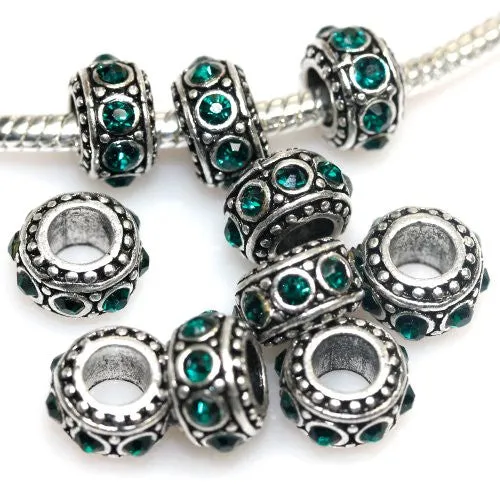 Five (5) May Birthstone  Emerald Dark Green Charms Spacer Beads For Snake Chain Charm Bracelet