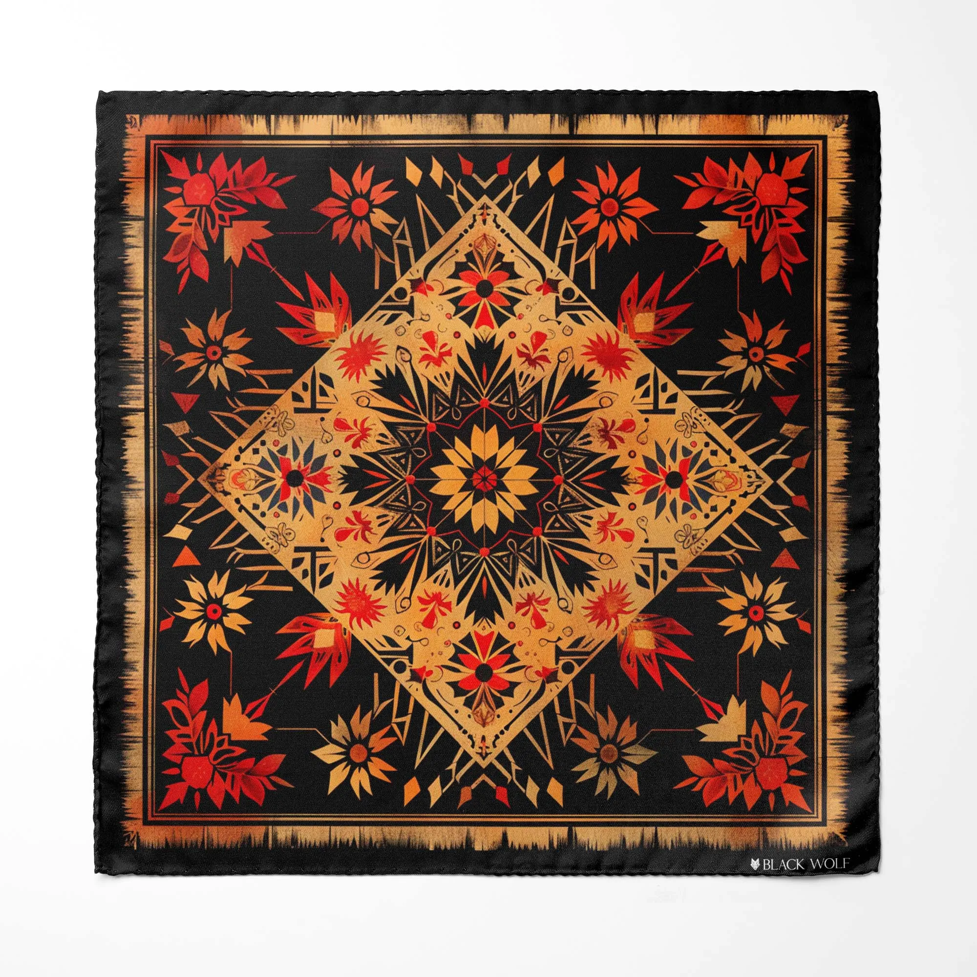 FLORAL ETHNIC ORIENTAL SILK ASCOT WITH LAPEL PIN AND POCKET SQUARE