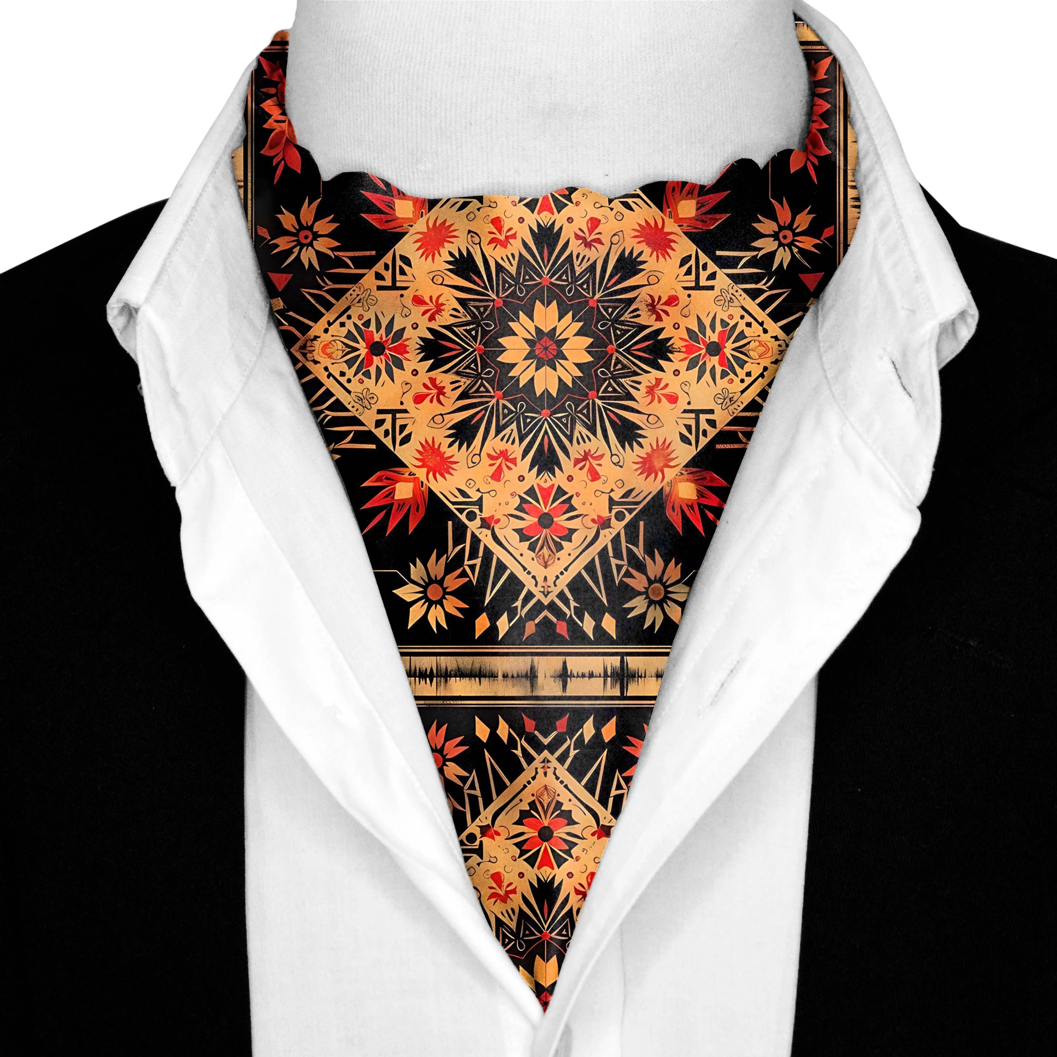 FLORAL ETHNIC ORIENTAL SILK ASCOT WITH LAPEL PIN AND POCKET SQUARE