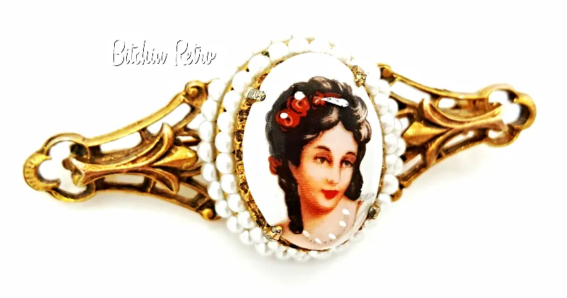 Florenza Limoges Vintage Porcelain Cameo Bar Pin with Hand Painted Details