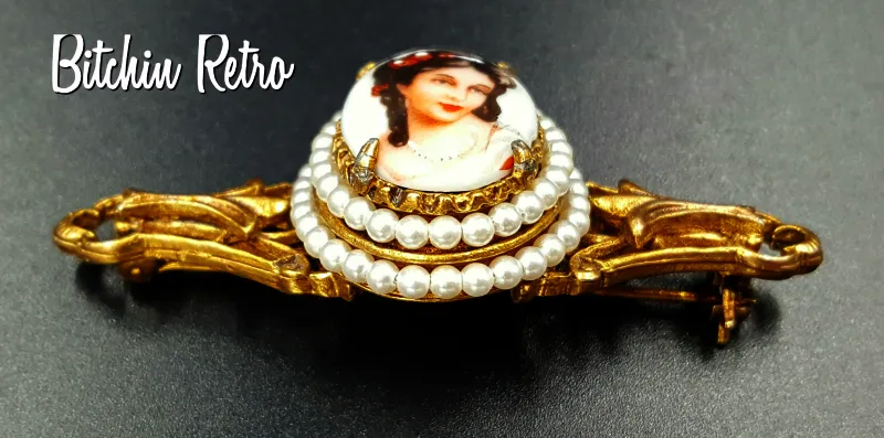 Florenza Limoges Vintage Porcelain Cameo Bar Pin with Hand Painted Details