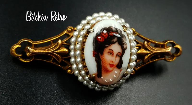 Florenza Limoges Vintage Porcelain Cameo Bar Pin with Hand Painted Details