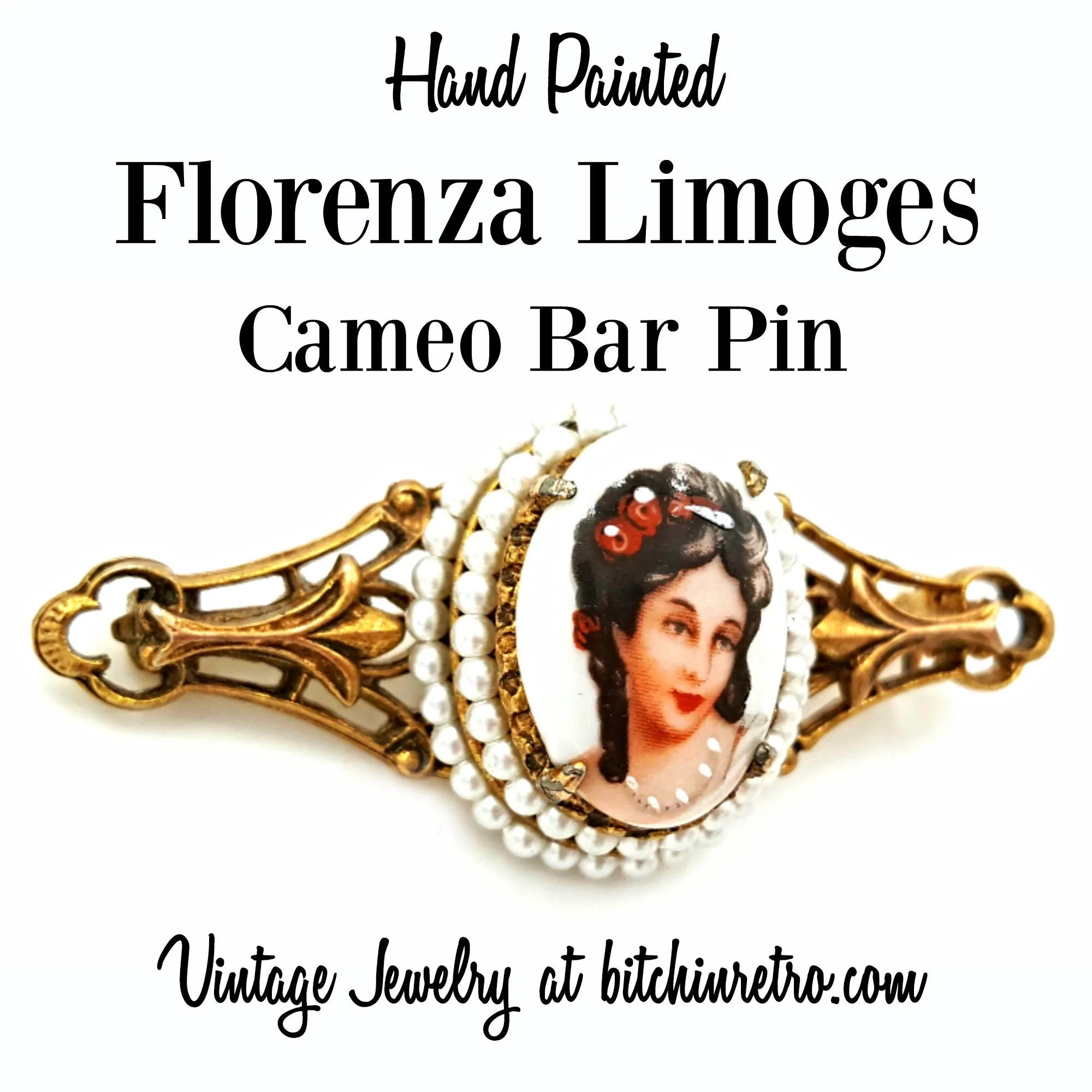 Florenza Limoges Vintage Porcelain Cameo Bar Pin with Hand Painted Details