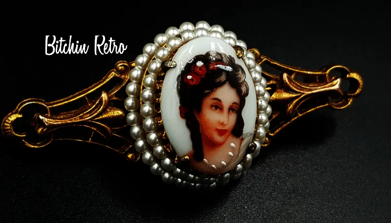 Florenza Limoges Vintage Porcelain Cameo Bar Pin with Hand Painted Details