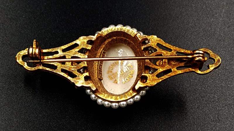Florenza Limoges Vintage Porcelain Cameo Bar Pin with Hand Painted Details