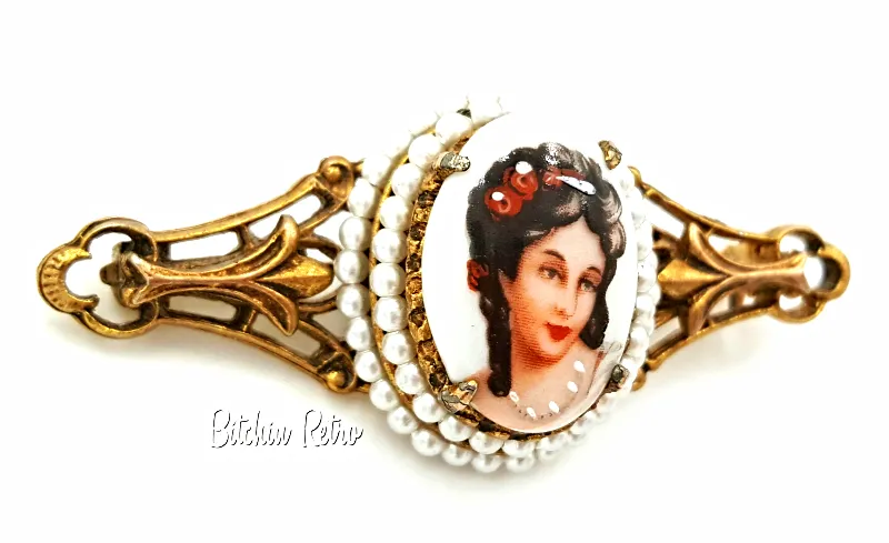 Florenza Limoges Vintage Porcelain Cameo Bar Pin with Hand Painted Details