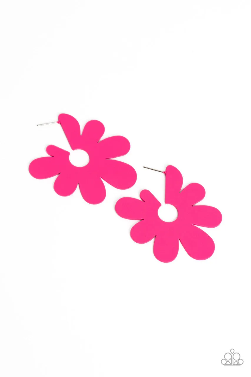 Flower Power Fantasy - Pink - Asymmetrical Flower Paparazzi Hoop Earrings