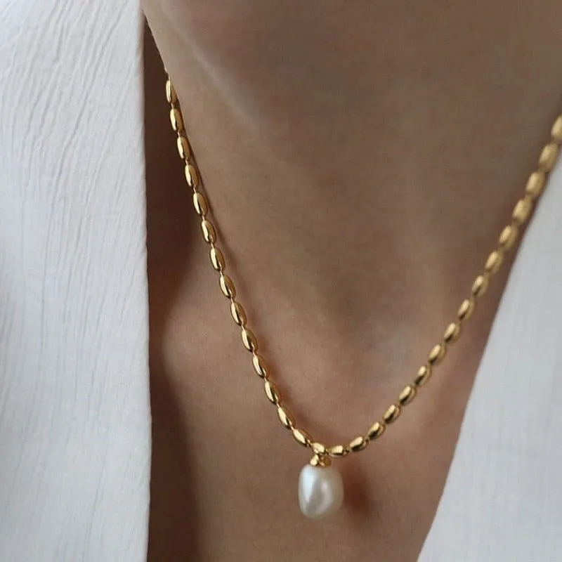Genuine Pearl Choker Necklace 18K Gold Beads Women Wedding Jewelry