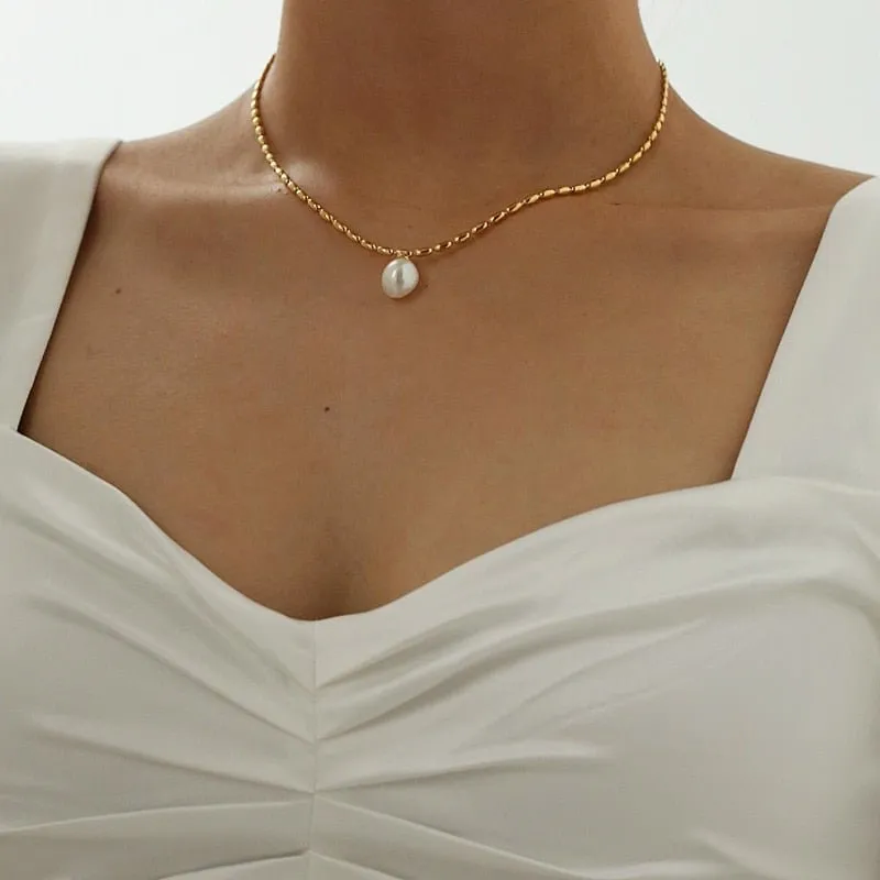 Genuine Pearl Choker Necklace 18K Gold Beads Women Wedding Jewelry