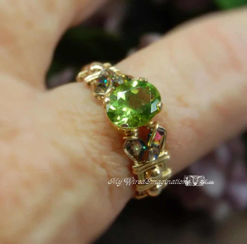Genuine Peridot 14K GF Wire Wrapped Ring, August Birthstone, US Size 9