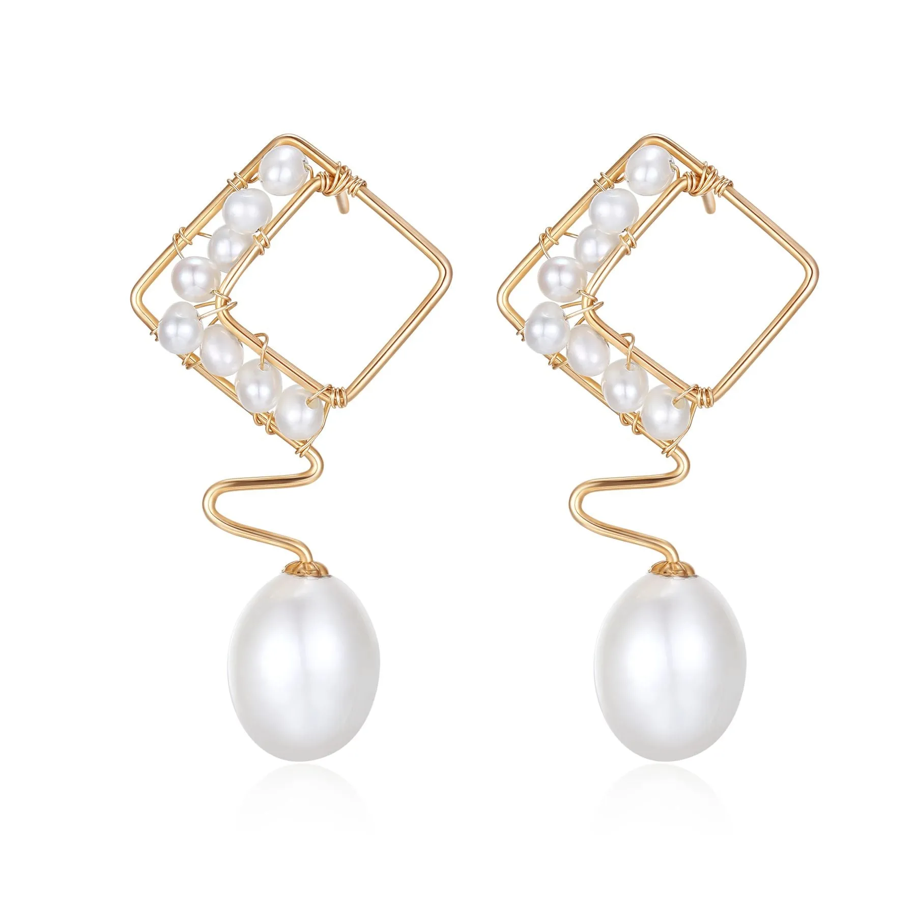 Geometric Series Wave Pearl Teardrop Earrings