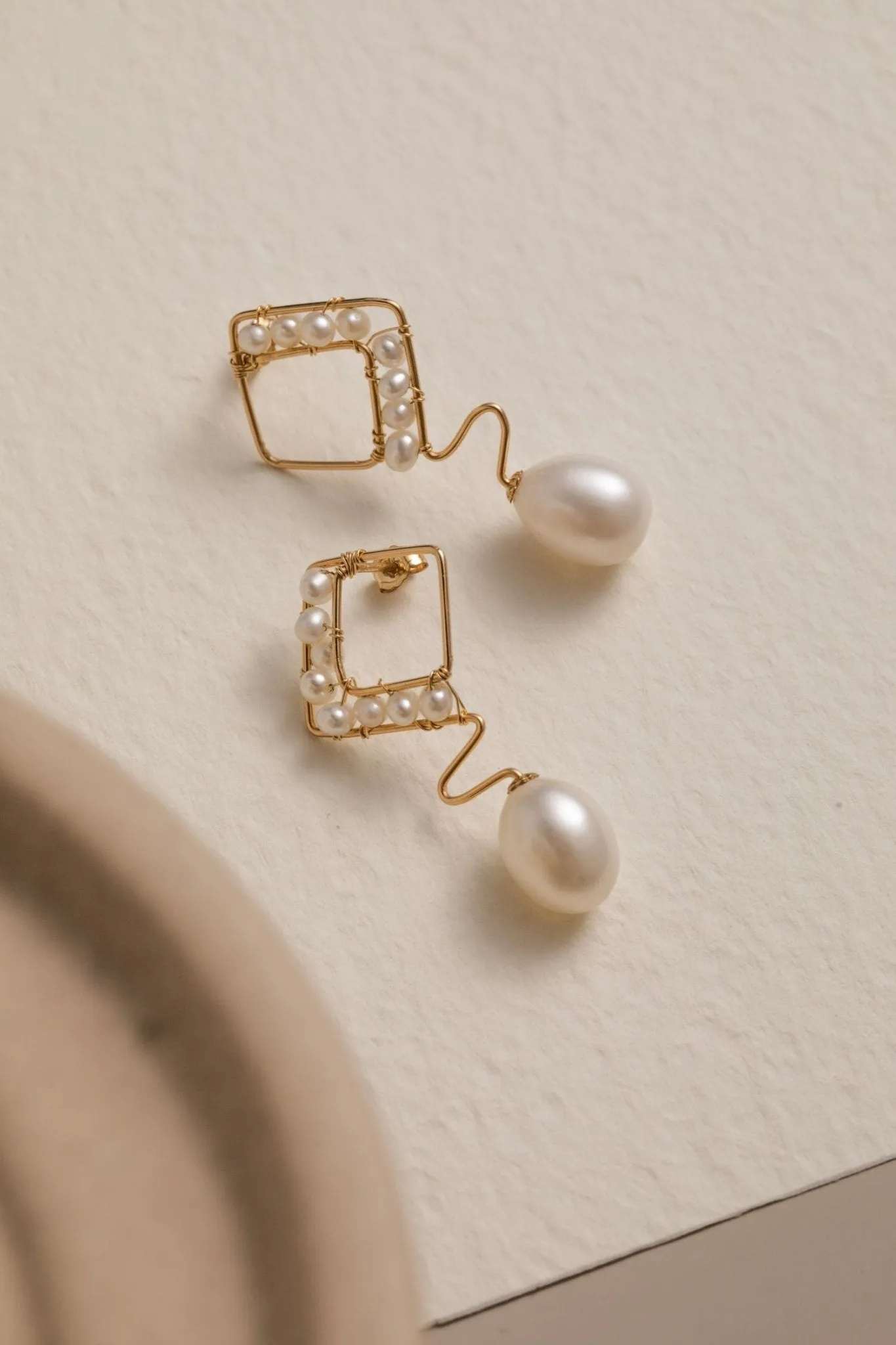 Geometric Series Wave Pearl Teardrop Earrings