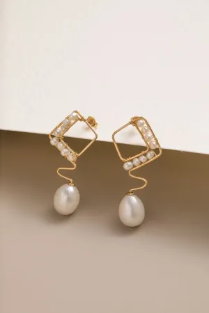 Geometric Series Wave Pearl Teardrop Earrings