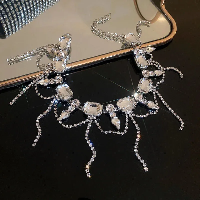 Geometric Square Crystal Choker Necklaces for Women Long Tassel Clavicle Chain Necklaces Statements Jewelry Gifts