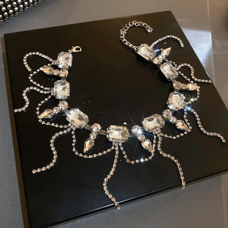 Geometric Square Crystal Choker Necklaces for Women Long Tassel Clavicle Chain Necklaces Statements Jewelry Gifts