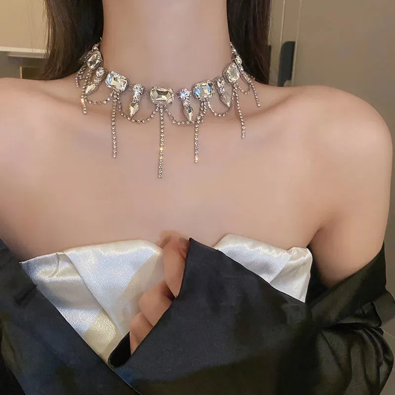 Geometric Square Crystal Choker Necklaces for Women Long Tassel Clavicle Chain Necklaces Statements Jewelry Gifts