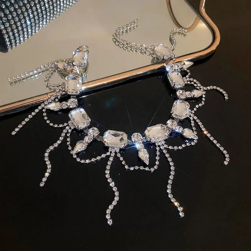 Geometric Square Crystal Choker Necklaces for Women Long Tassel Clavicle Chain Necklaces Statements Jewelry Gifts