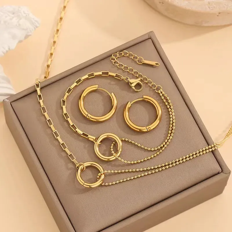 Geometric Style Round 304 Stainless Steel 18K Gold Plated Chain Jewelry Set