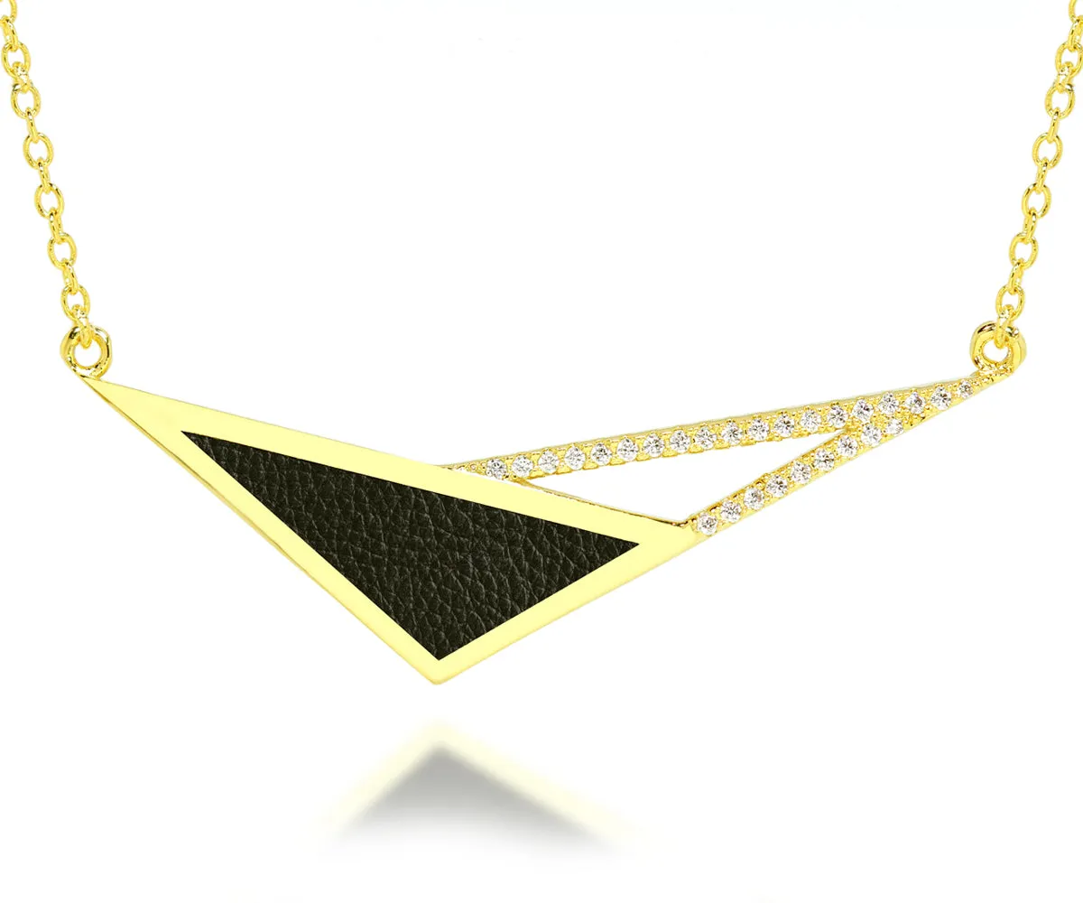 Geometric Triangle Leather Inlay Crystal Gold Necklace