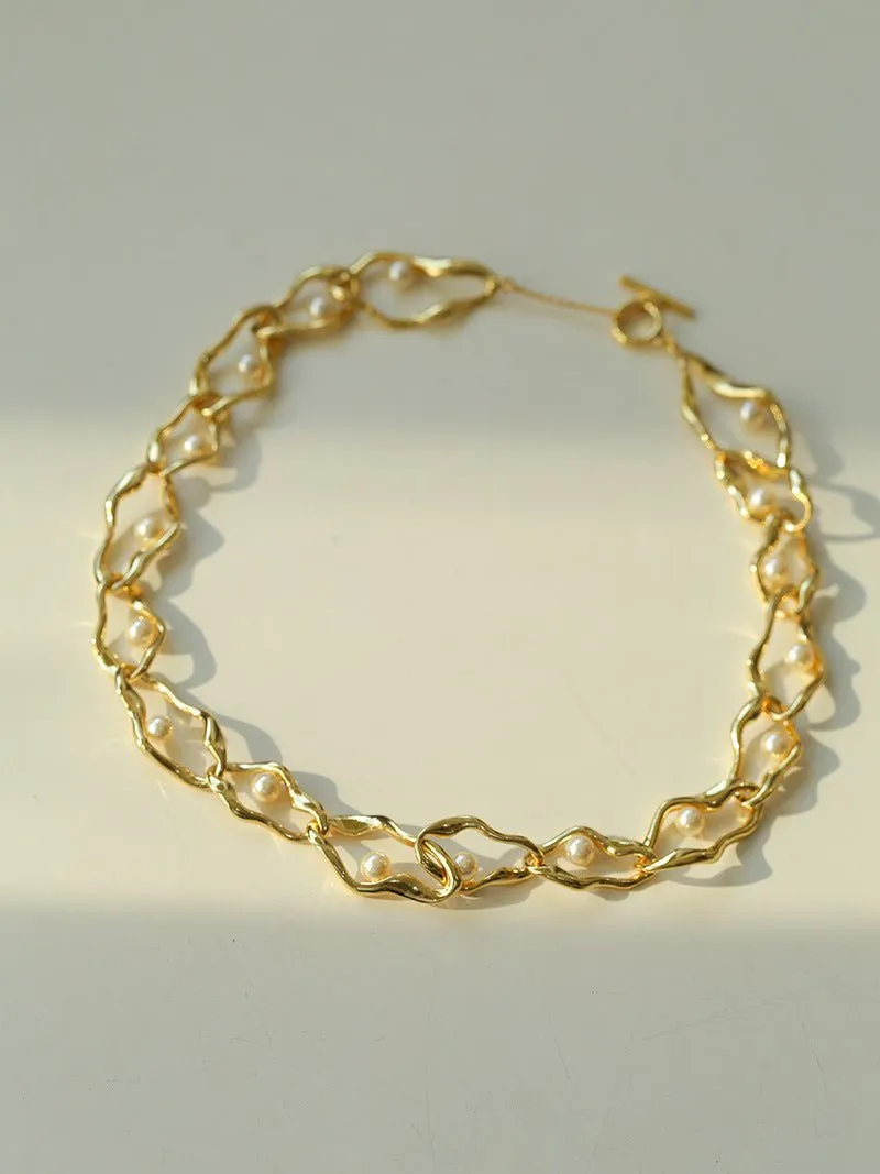 Geometric Twisted Grey Pearl Chain Necklaces