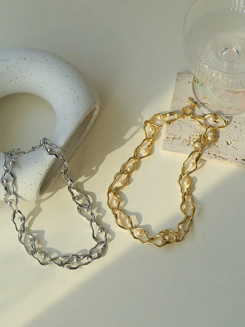 Geometric Twisted Grey Pearl Chain Necklaces
