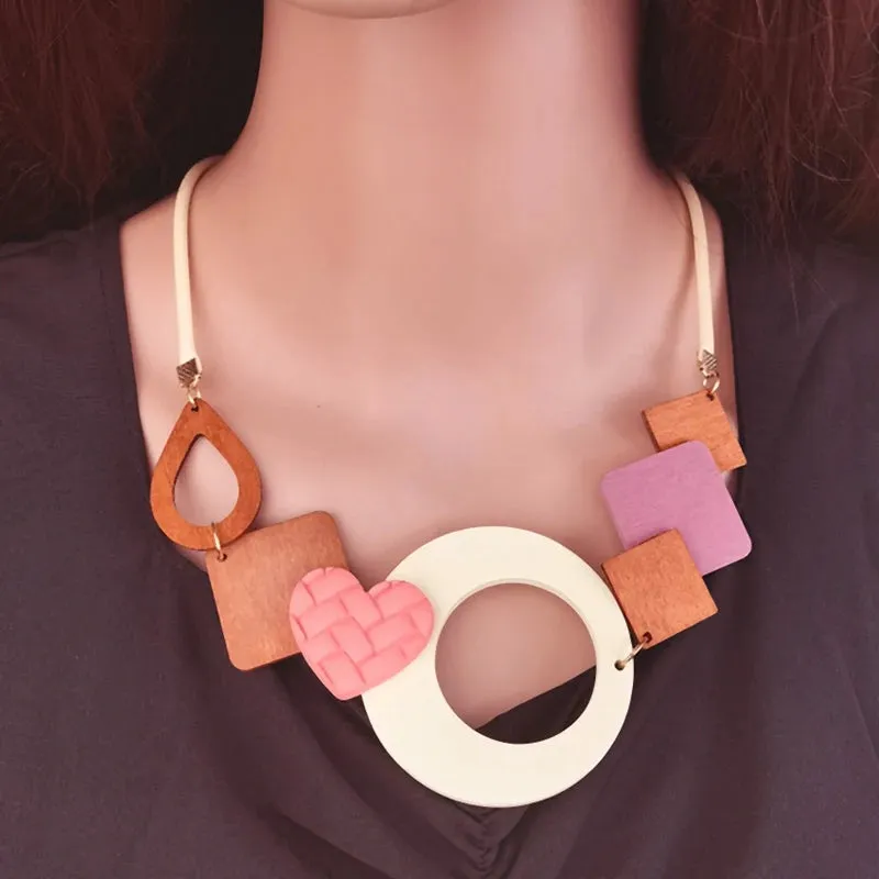 Geometric Wooden Pendant Ethnic Statement Bib Necklace for Women Handmade Maxi Necklaces Vintage Jewelry