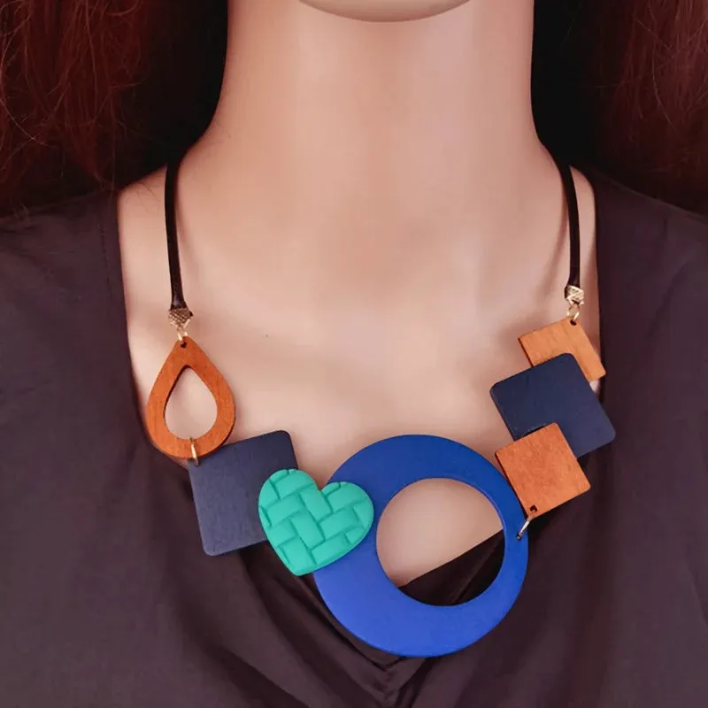 Geometric Wooden Pendant Ethnic Statement Bib Necklace for Women Handmade Maxi Necklaces Vintage Jewelry