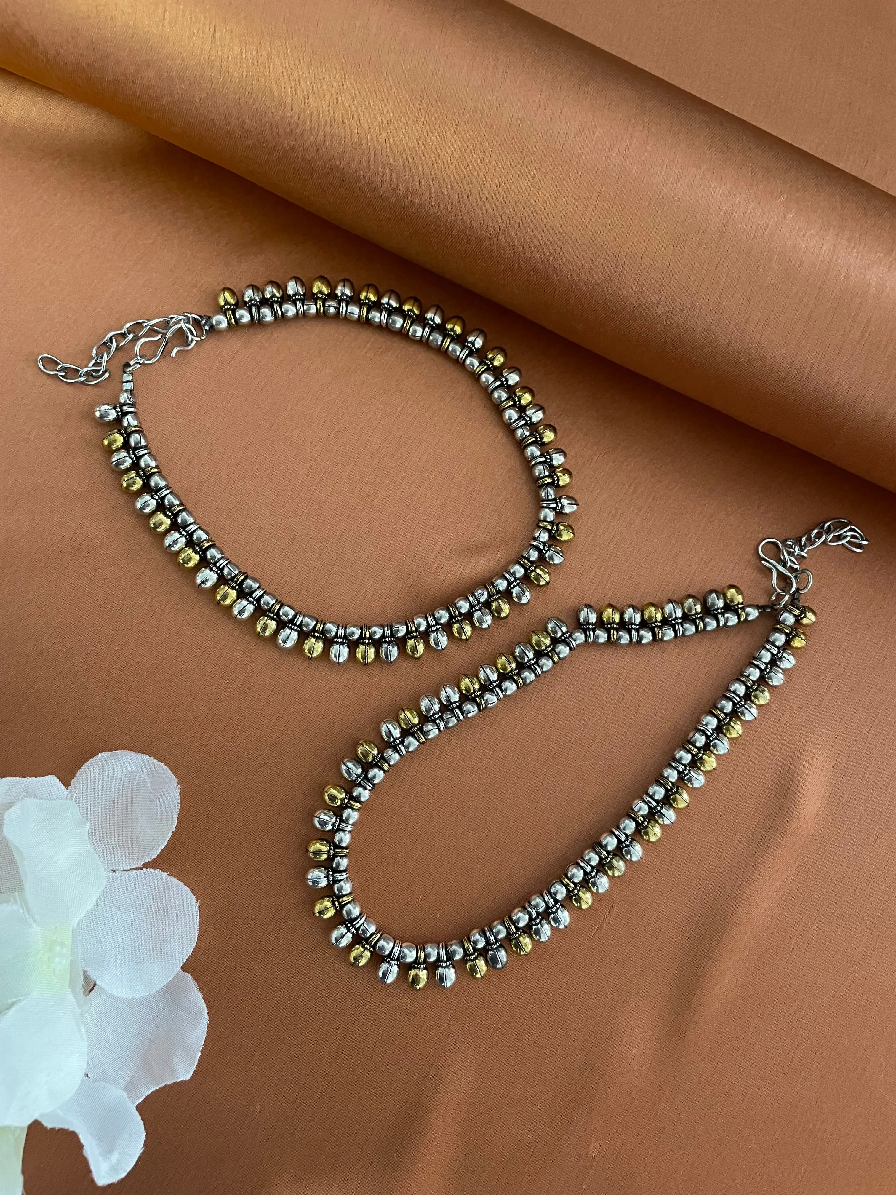 German Oxidised Silver Anklets Gold/Silver Plating Payal With Beads/Ghungroo Paijan Foot Jewellery