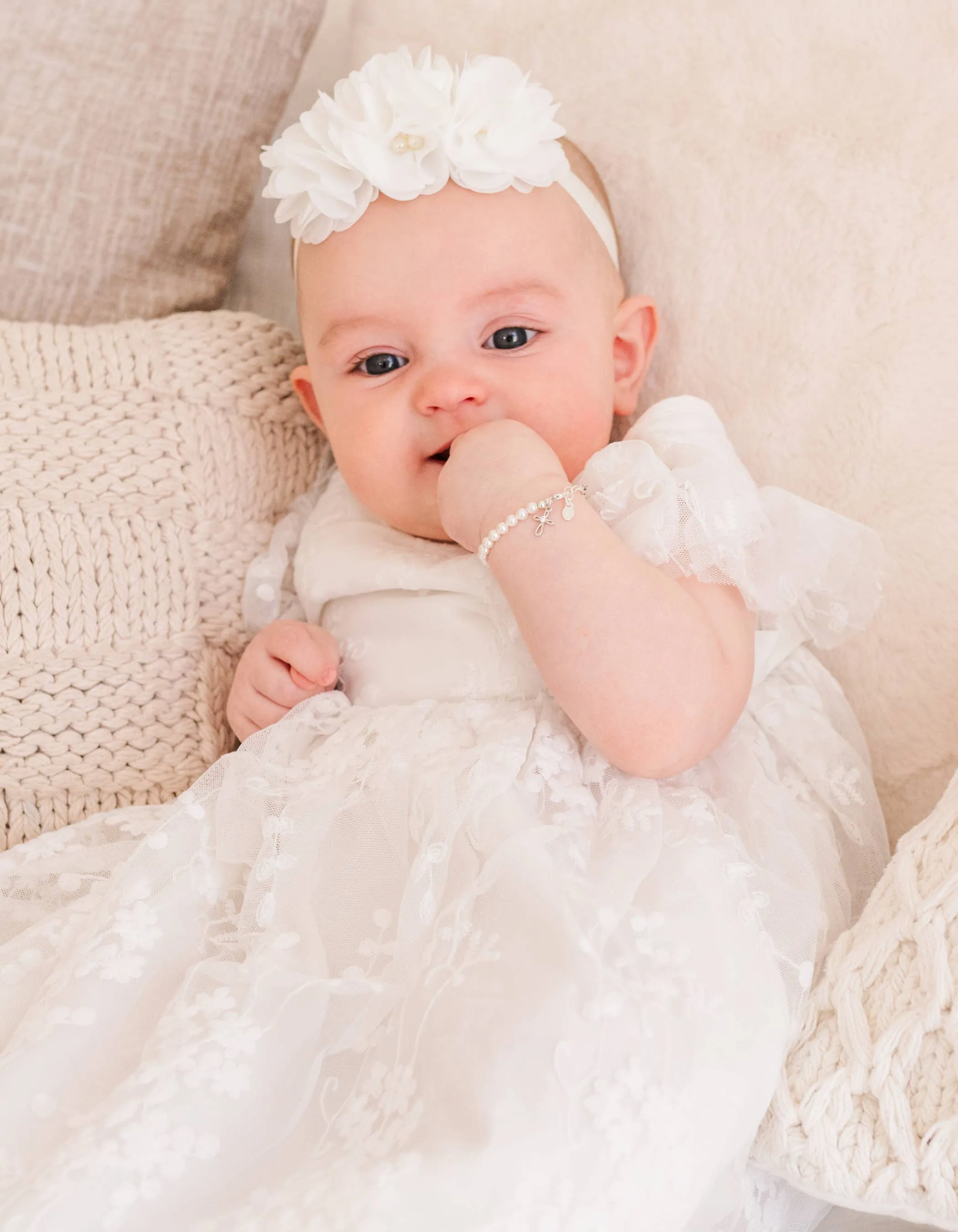 Girls Silver Pearl Baby Baptism Bracelet, 1st Communion Gift: Large 6-12 Years