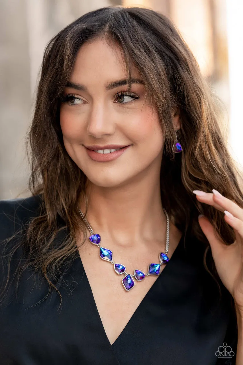 Glittering Geometrics - Purple - Iridescent UV Gem Paparazzi Short Necklace - December 2022 Life of the Party Exclusive