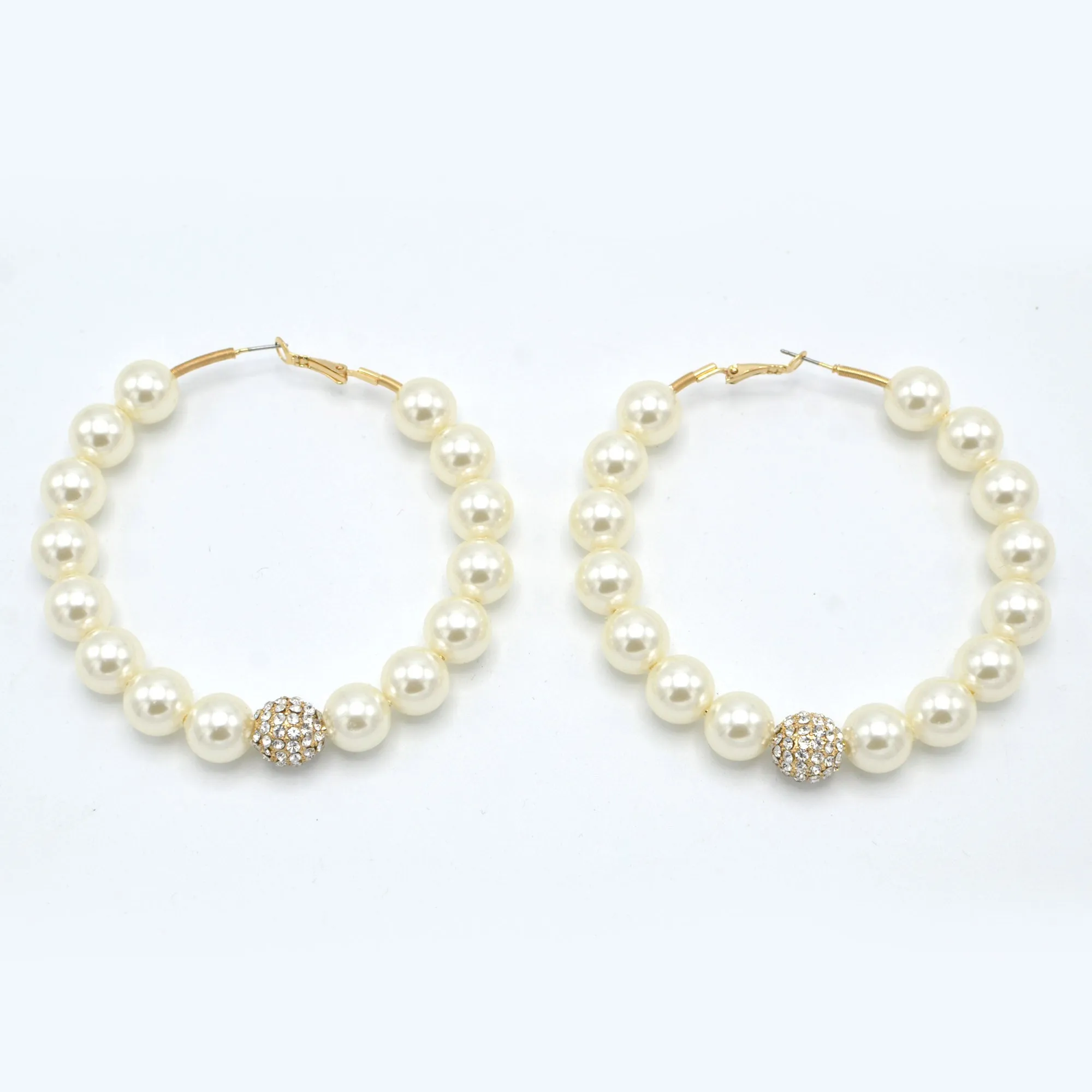 GOLD CREAM PEARL AND CRYSTAL PAVE BALL HOOP EARRINGS# HNE90689GD(IF23)