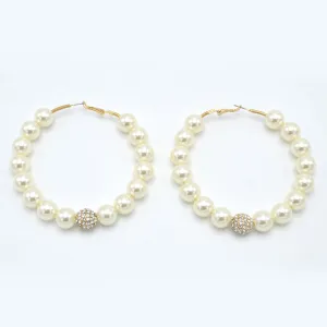 GOLD CREAM PEARL AND CRYSTAL PAVE BALL HOOP EARRINGS# HNE90689GD(IF23)