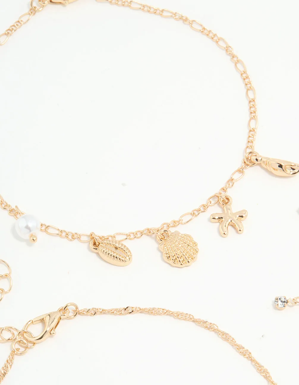 Gold Diamante & Ocean Charm Anklets 3-Pack