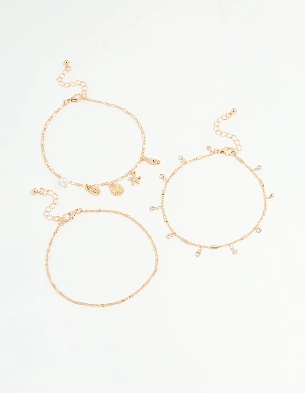 Gold Diamante & Ocean Charm Anklets 3-Pack