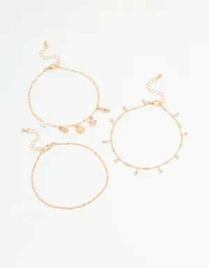 Gold Diamante & Ocean Charm Anklets 3-Pack