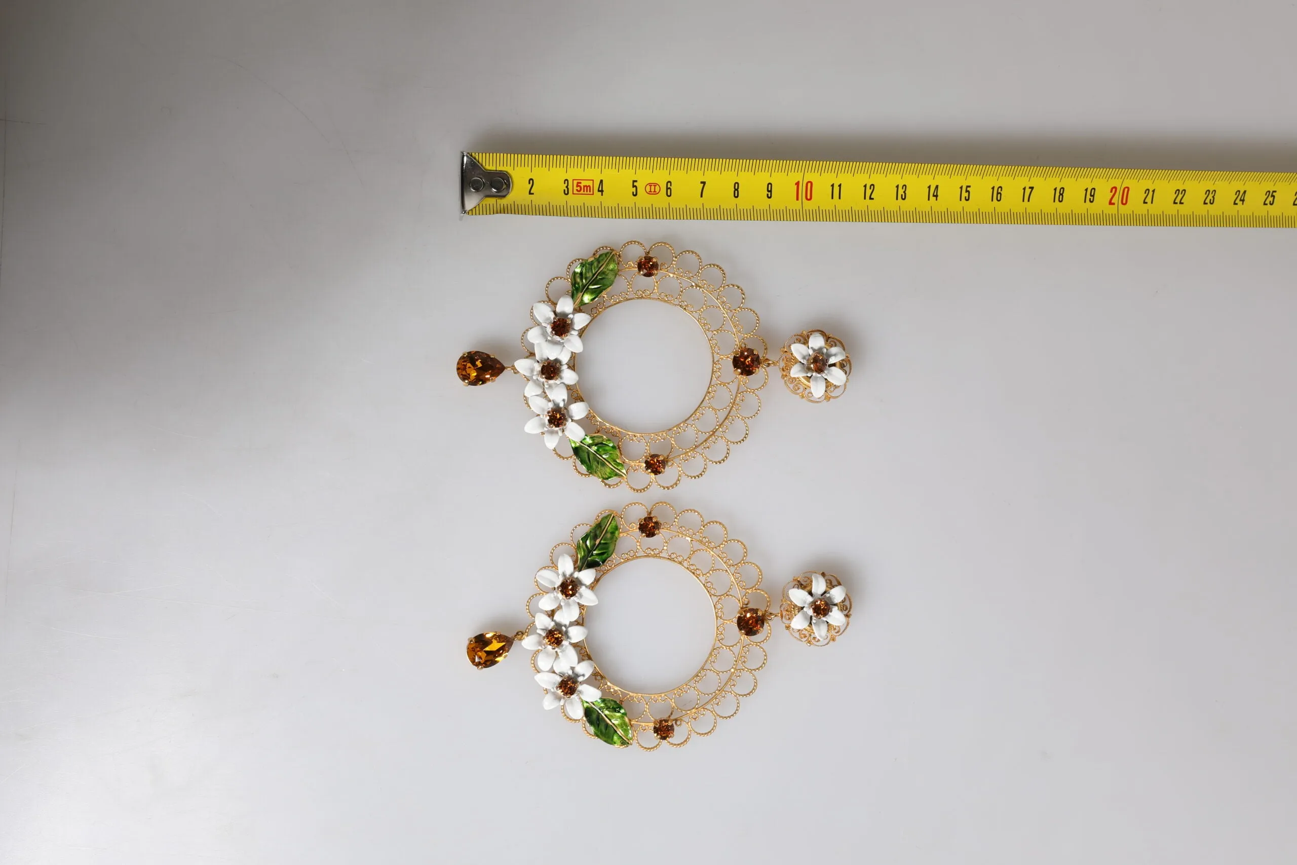 Gold Floral Filigree Hoop Enamel Amber Crystals Earrings