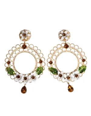 Gold Floral Filigree Hoop Enamel Amber Crystals Earrings