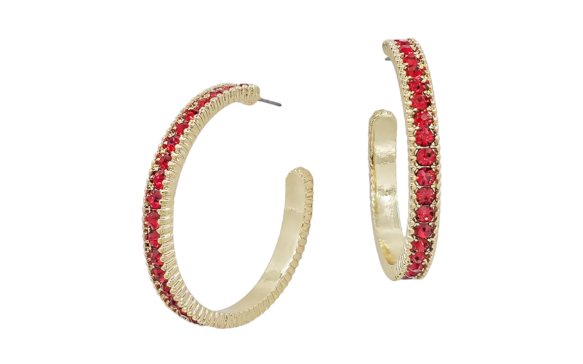 Gold Metal Hoop With Crystal Accents Earrings -Red