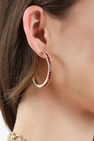 Gold Metal Hoop With Crystal Accents Earrings -Red