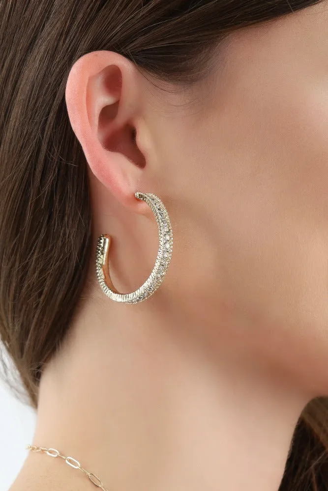 Gold Metal Hoop With Crystal Accents Earrings -Red