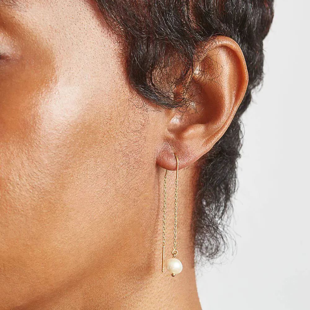 Gold Pearl Threader Drop Earrings