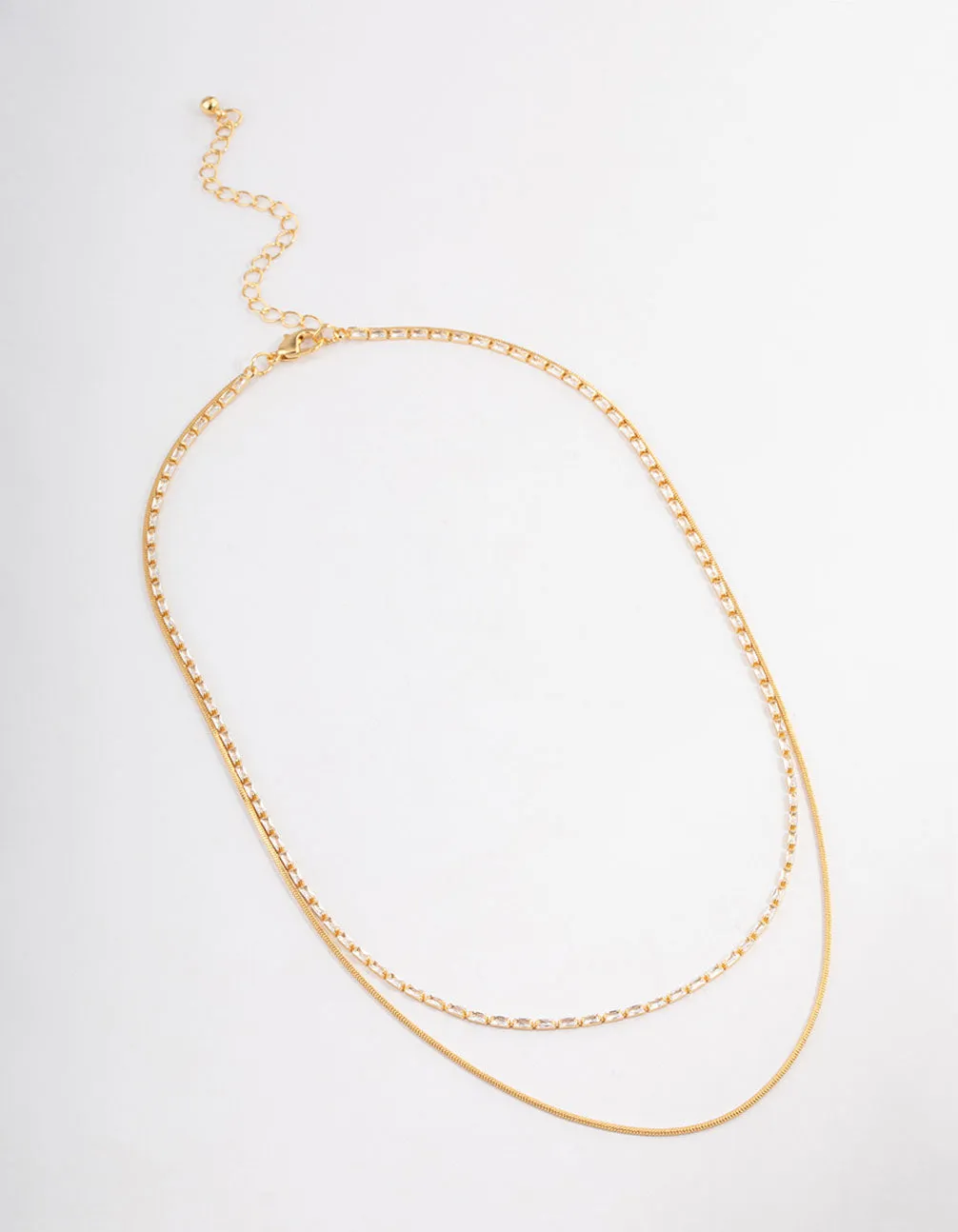 Gold Plated Cubic Zirconia Dainty Baguette Layered Necklace