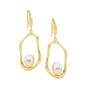 Gold Plated Open Wave Oval Earrings with Freshwater Pearl on Sheppards Hook E601G