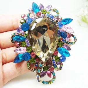 Gold Tone Flower Drop Pendant Woman Brooch Pin Multi-color Rhinestone Crystal Gifts