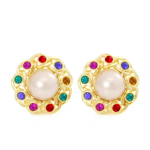 GOLD-TONE METAL CREAM PEARL AND MULTI COLOR CRYSTAL CLIP ON EARRING #FW-E114-G/P/MULTI (XD11)