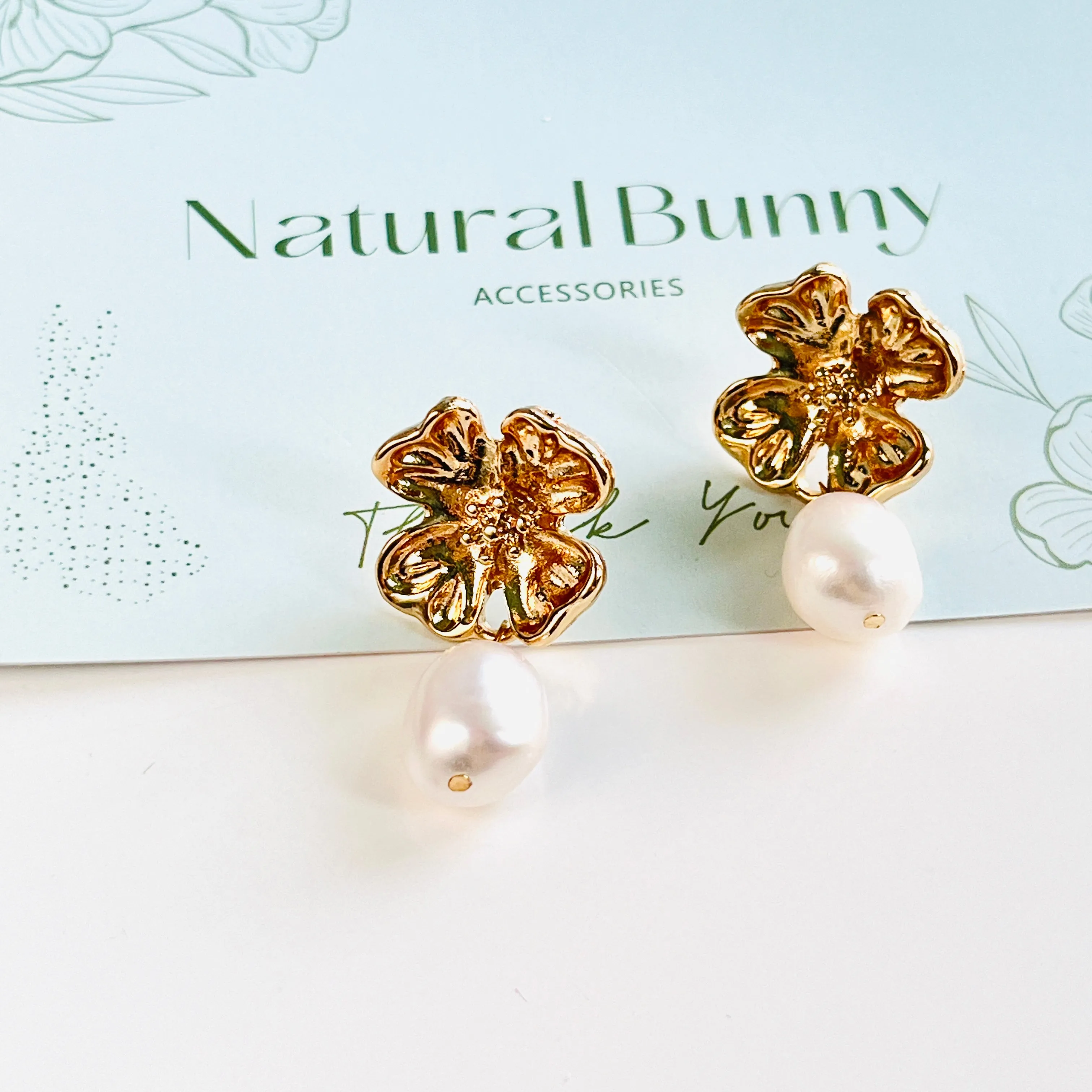 Golden Flower Pearl Dangle Earrings