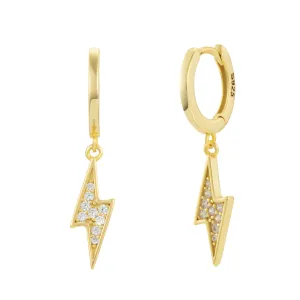 Golden Lighting Bolt Crystal Pave Dangle Hoop Earrings