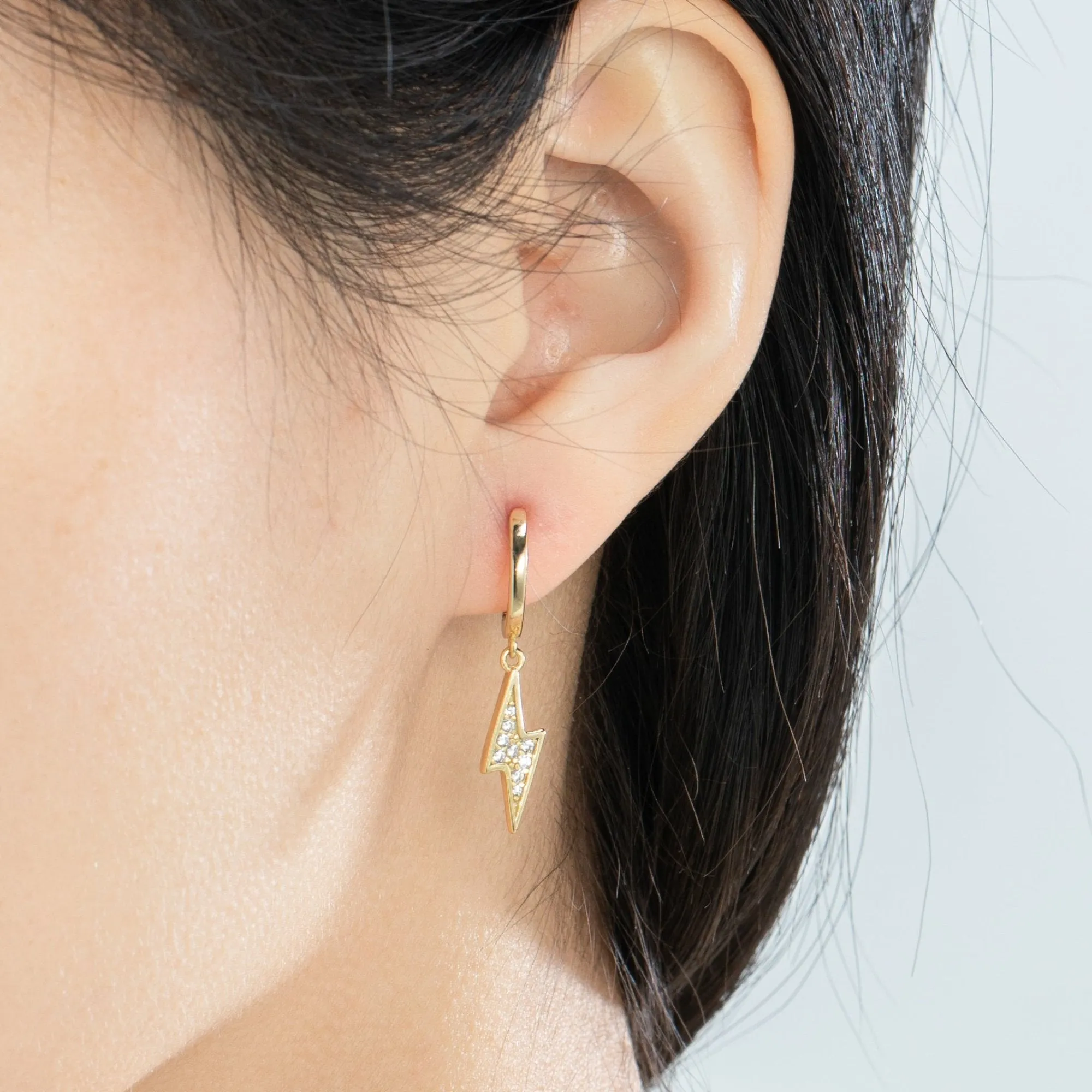 Golden Lighting Bolt Crystal Pave Dangle Hoop Earrings