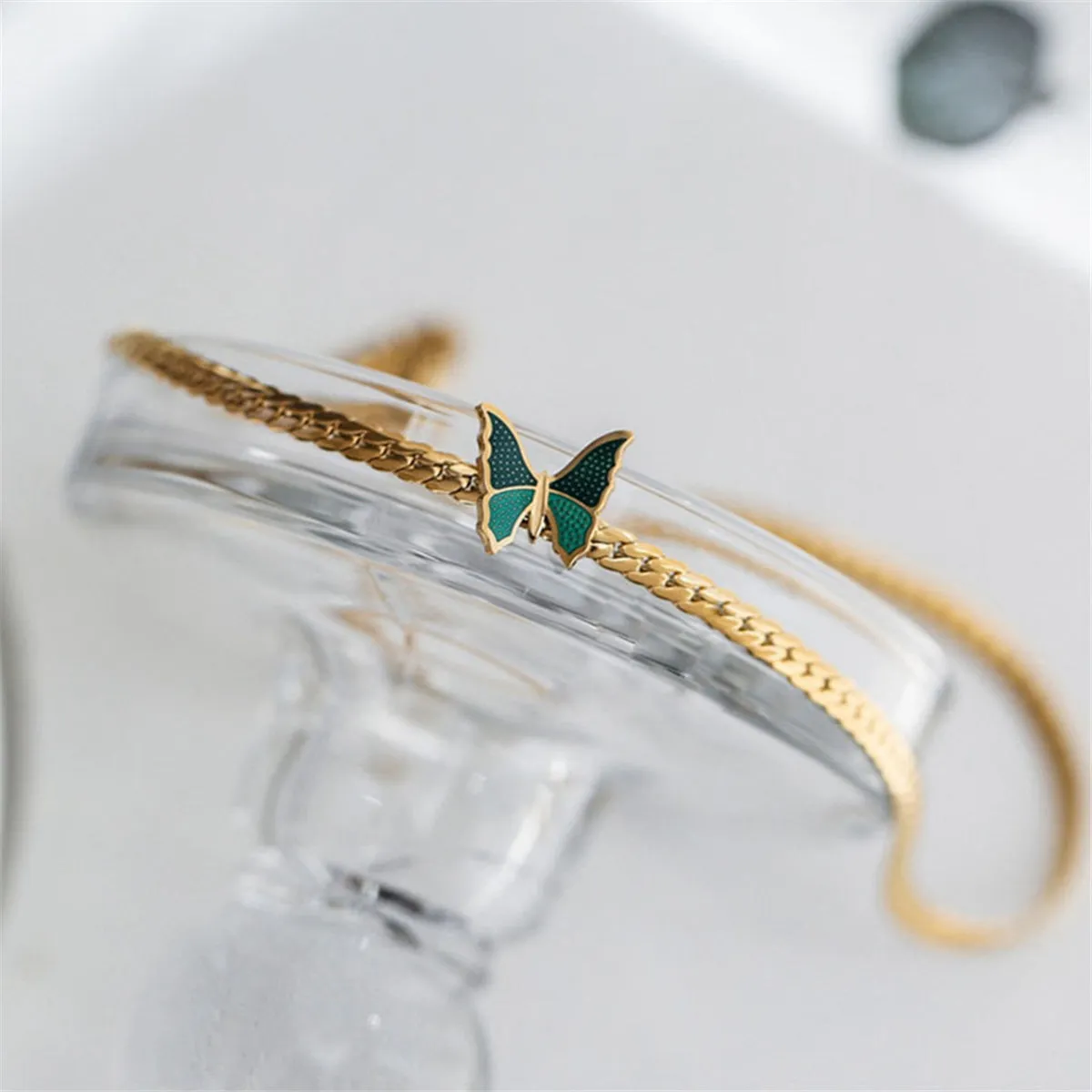 Green Enamel & 18K Gold-Plated Butterfly Charm Anklet